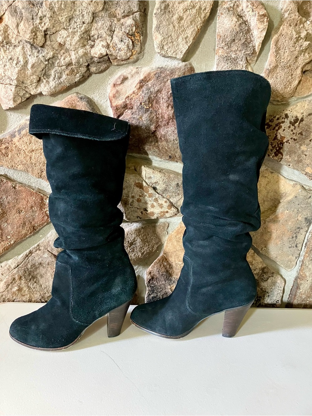 Black Suede Slouch Mid-Heel Knee-High Boots